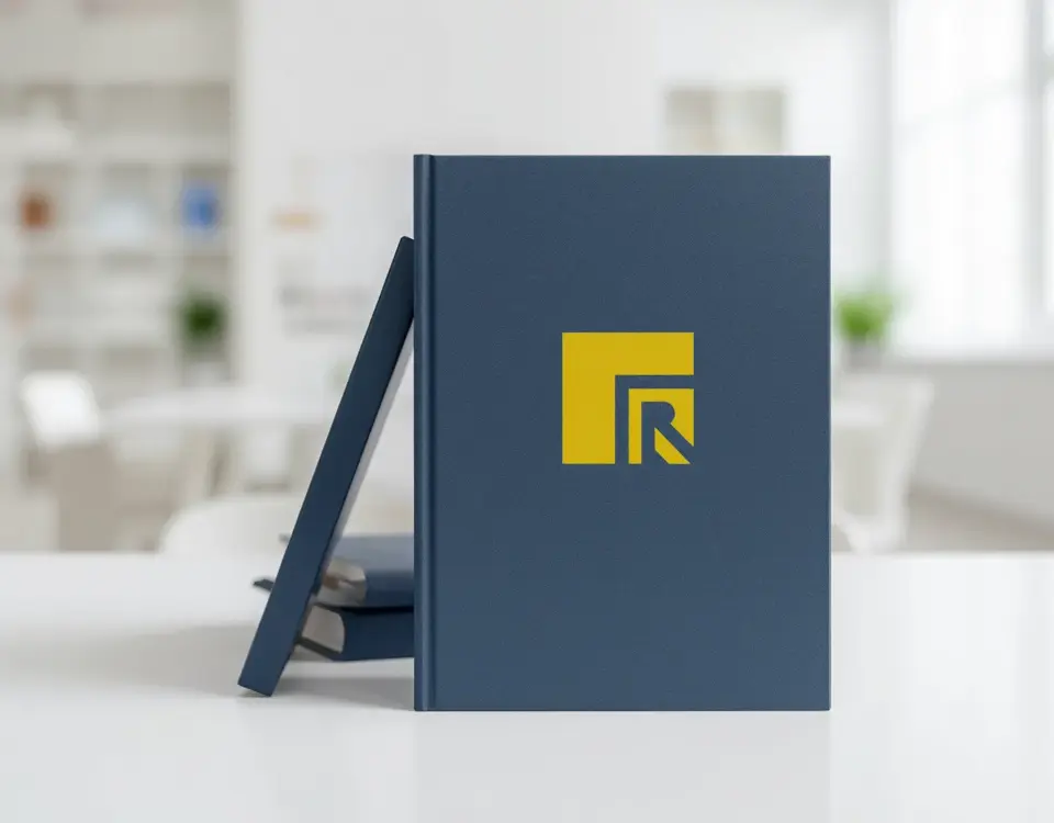 明亮的辦公桌上擺放著印有黃色品牌 Logo 的深藍色書籍，說明在進行商標侵權認定時，商品與服務類別的類似性對商標法侵權的認定